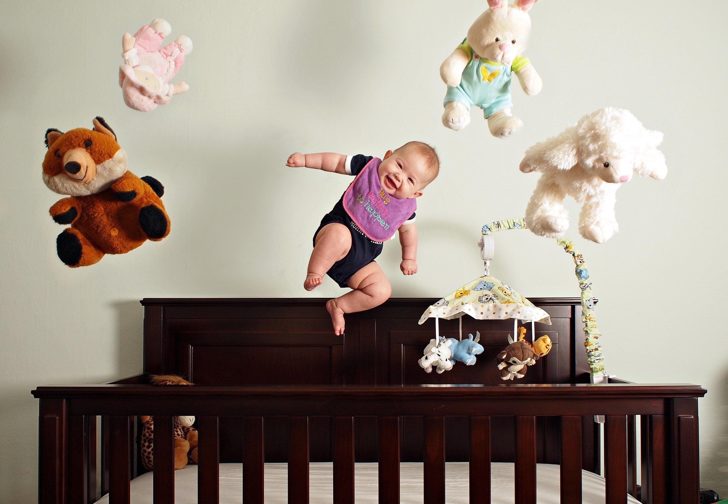 Baby, Bed, Toys, Jump, Laugh, Smile