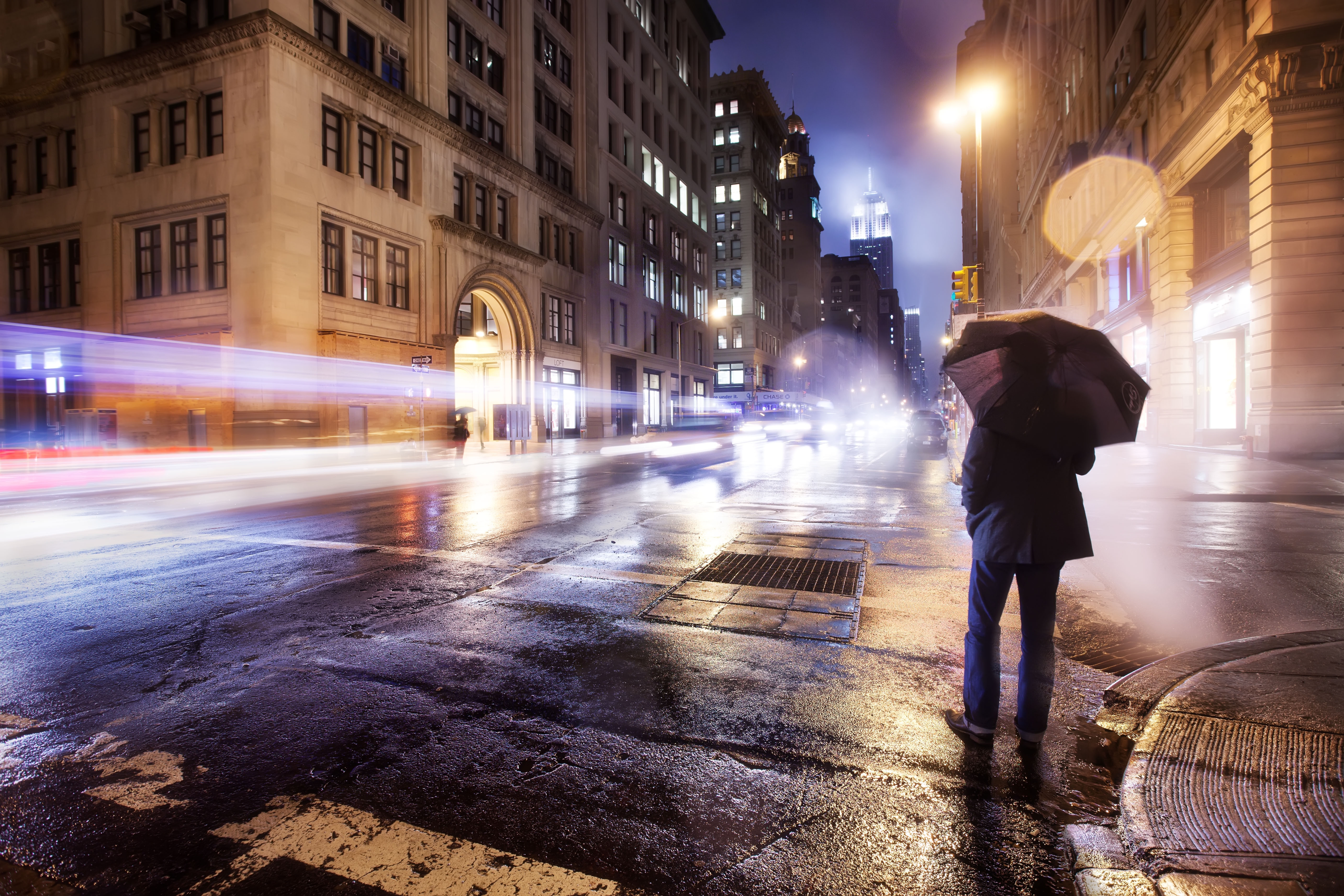City, Night, Cloudy, Lonely, Man, Umbrella