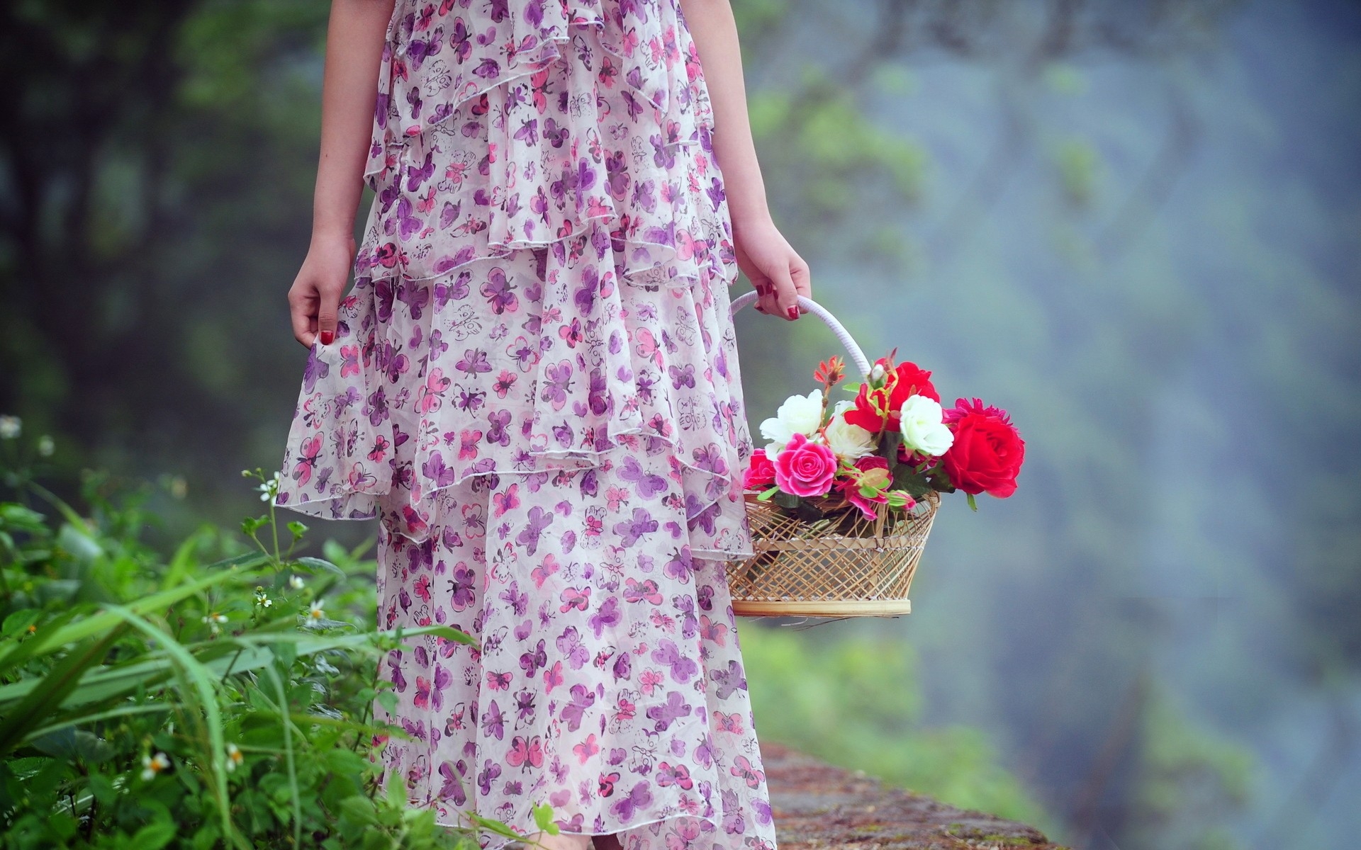 Hands Dress  grass Basket Flowers 1920×1200