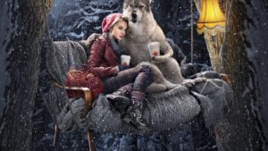 Red riding hood Dog Girl Wolf Forest Winter Composition