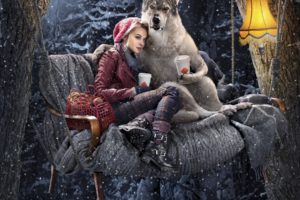Red riding hood, Girl, Wolf, Forest, Winter, Composition