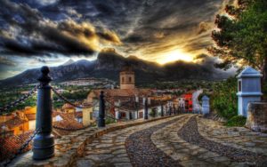 Architecture Streets Mountains Old Sky Sunset Road Clouds Houses Flowers Colorful Beautiful