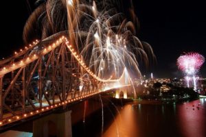 City Bridge Fireworks Lights Night Buildings River