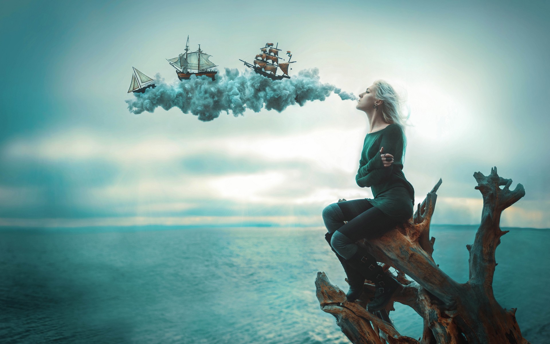 Girl Sea Smoke Sailing ships Photoshop