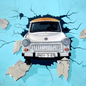 White Car Crash in Blue Wall Signature Painting