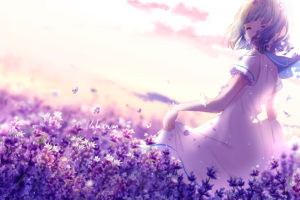 Anime Girl Lavender Purple Flowers 4K