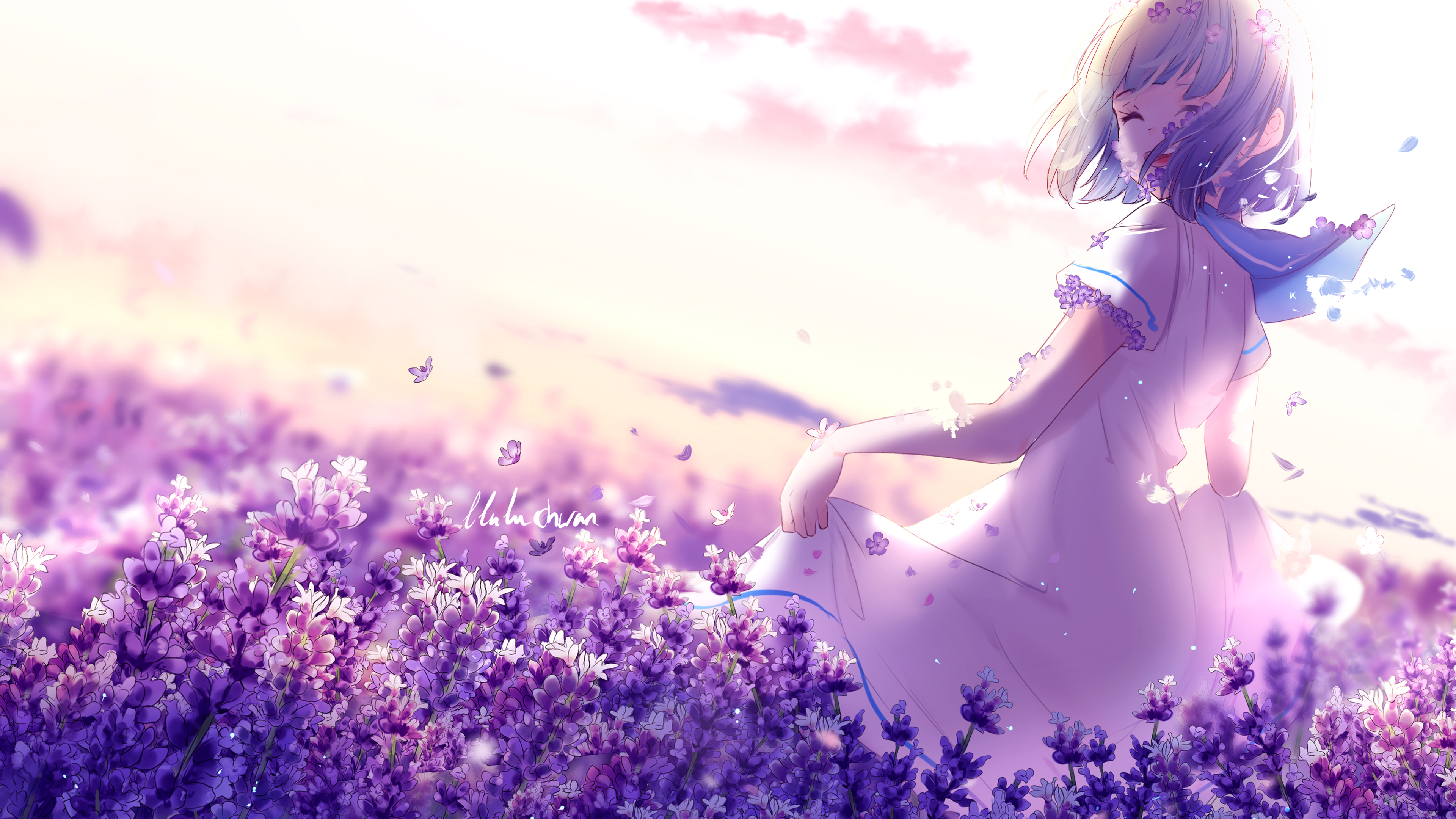 Anime Girl Lavender Purple Flowers 4K Wallpapers
