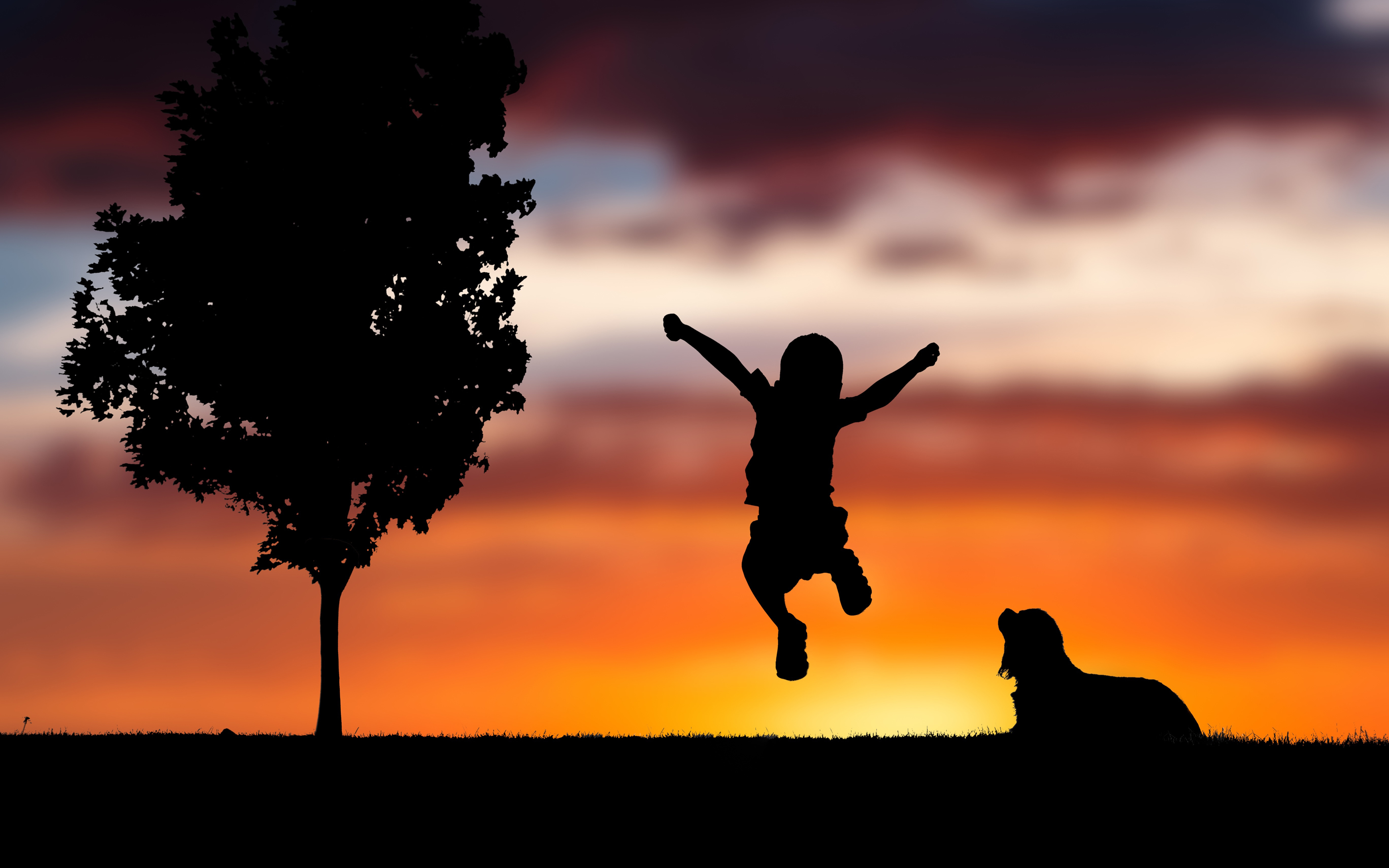 Sunset Happy Child Silhouette 4K Wallpapers