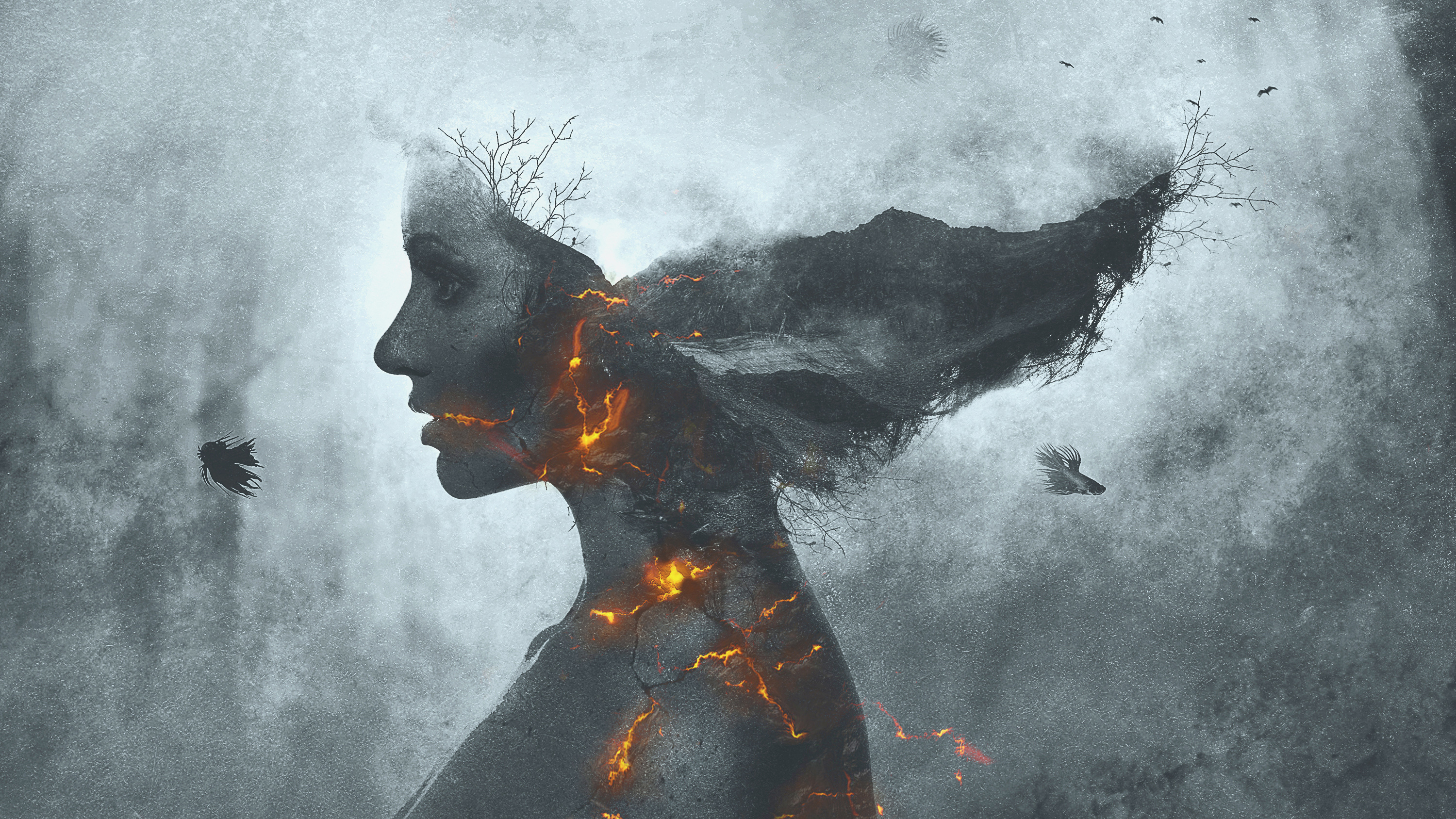 Girl on Fire Monochrome Wallpapers
