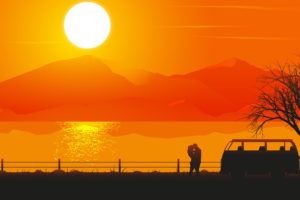 Romantic Couple Sunset Silhouette 4K