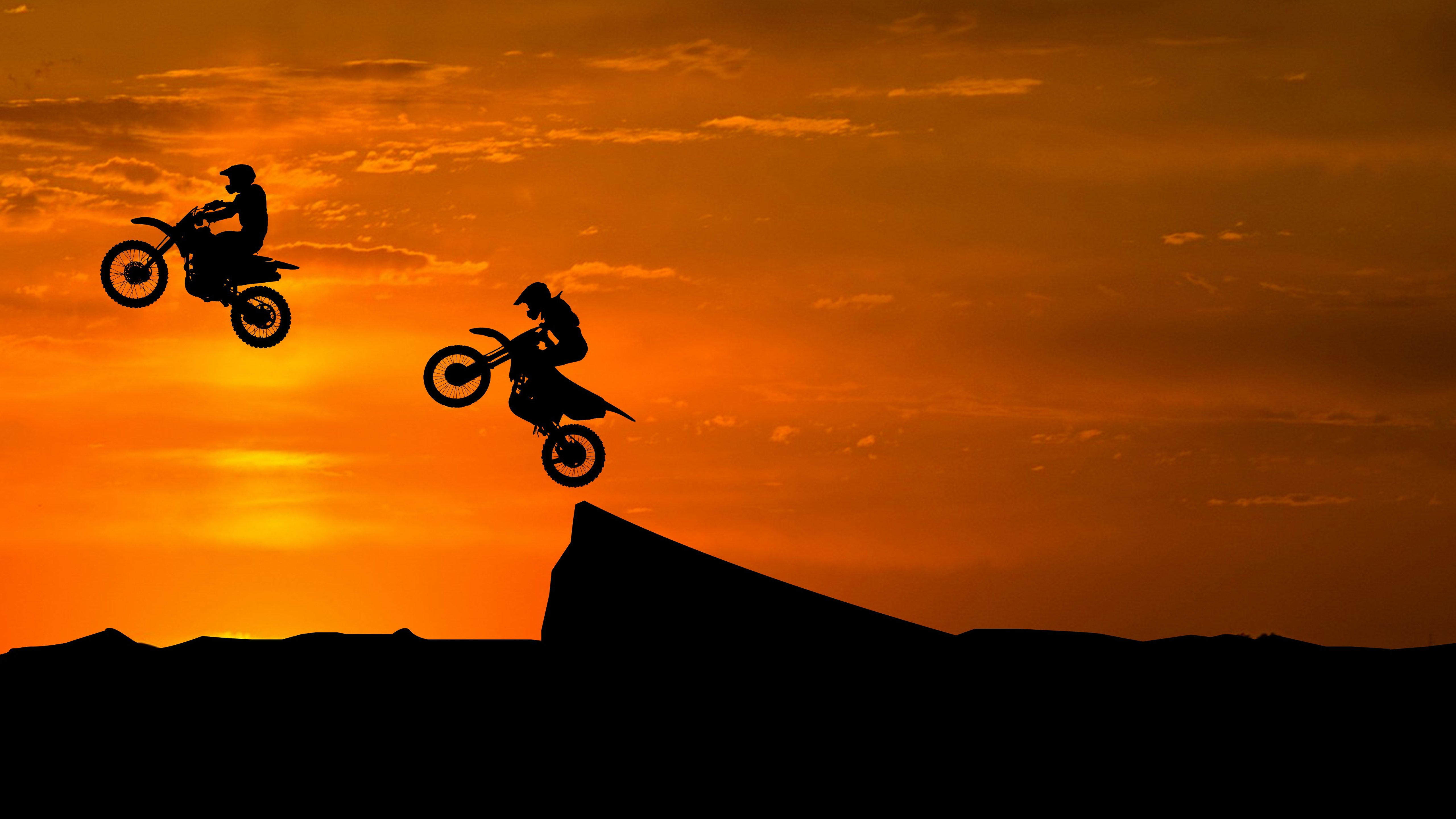 Stunt Bike Race Sunset Silhouette 5K Wallpapers