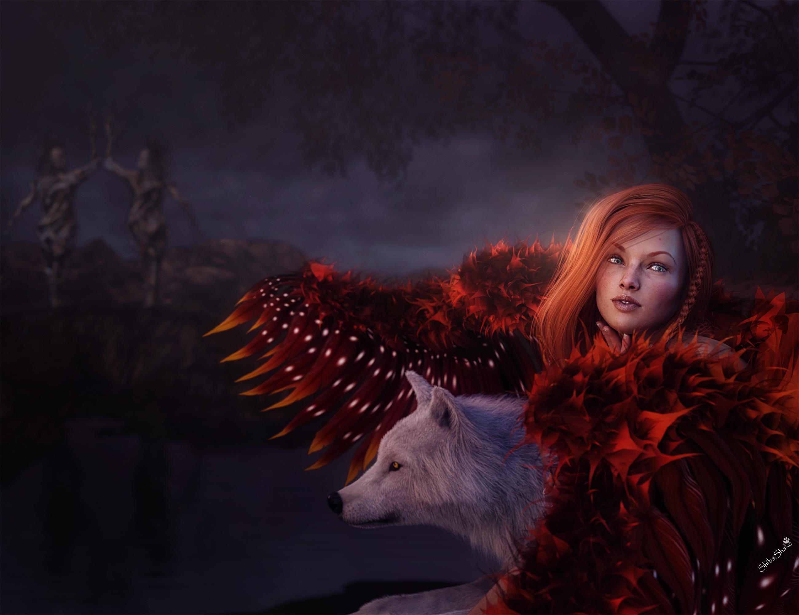 Red Head Girl With Wolf Artist 4k