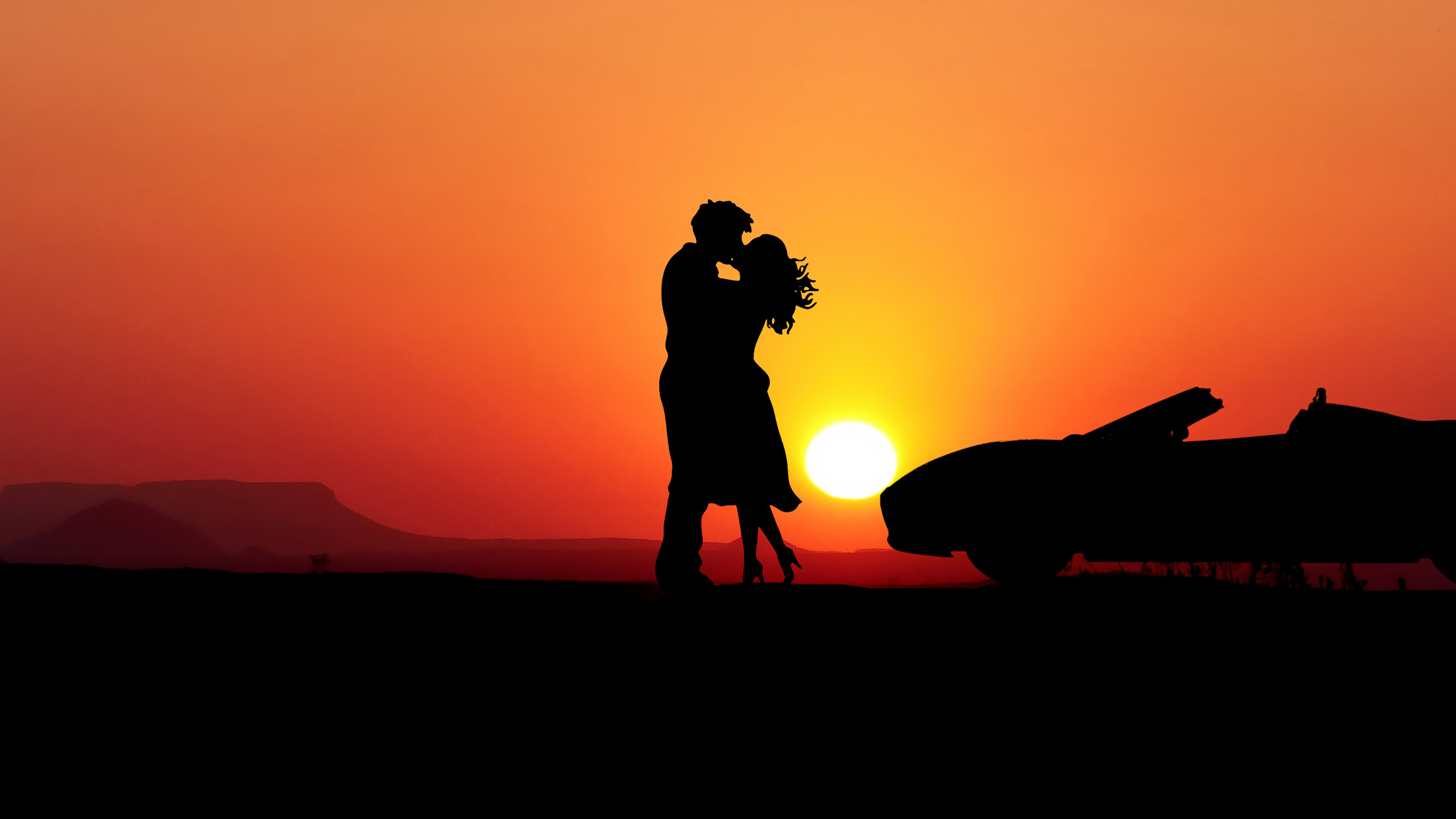 Sunset Couple Silhouette 4K