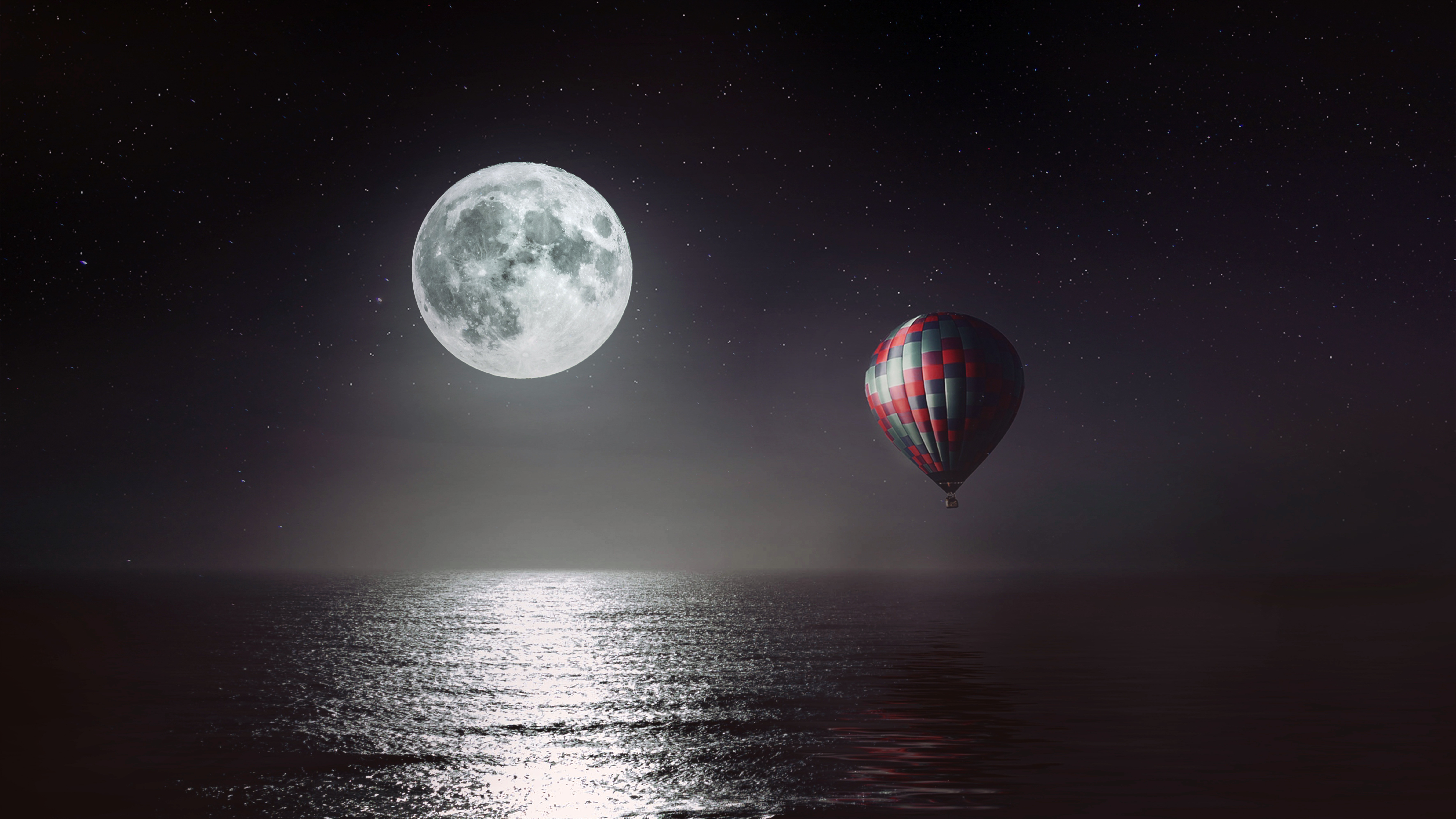 Moon Sea Night Hot Air balloon 4K 8K