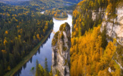 Areial View of River Between Green And Yellow Trees Covered Forest In Russia HD Nature Wallpapers