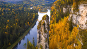 Areial View of River Between Green And Yellow Trees Covered Forest In Russia HD Nature