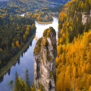 Areial View of River Between Green And Yellow Trees Covered Forest In Russia HD Nature Wallpapers
