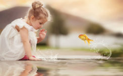 Cute Little Girl Is Playing On Water Wearing White Dress With Reflection HD Cute