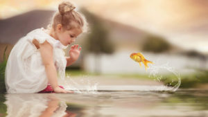 Cute Little Girl Is Playing On Water Wearing White Dress With Reflection HD Cute