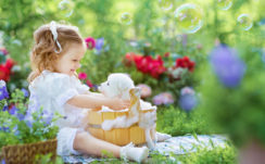 Cute Little Girl Is Playing With Puppy Wearing White Dress In Green Bubbles Background HD Cute