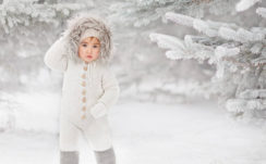 Ash Eyes Cute Little Girl Is Standing On Snow Wearing White Knitted Woolen Cap And Dress In Snow Field Background HD Cute