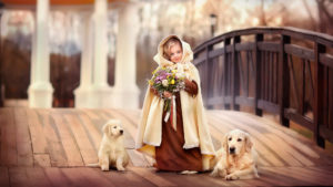 Ash Eyes Smiley Cute Little Girl With Bouquet Is Standing Between Labrador And Puppy Wearing Brown Sandal Color Dress HD Cute