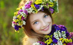 Smiley Cute Blue Eyes Little Girl With Colorful Bouquet Is Having Flower Wreath On Head HD Cute