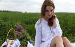 Girl Model With White Dress In Background Of Green Grass Field 4K 5K HD Model