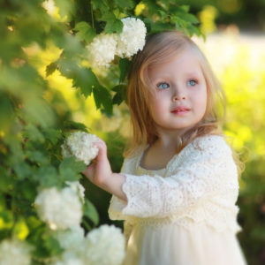 Little Cute Ash Eyes Girl Is Wearing White Netted Dress Standing Near Green Plant Touching White Flower HD Cute Wallpapers
