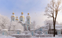 Snow Covered Church With Fence In Russia Saint Petersburg During Winter Travel