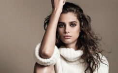 White Sweater Wearing Taylor Marie Hill With Gray Eyes In Brown Background HD Taylor Marie Hill Wallpapers