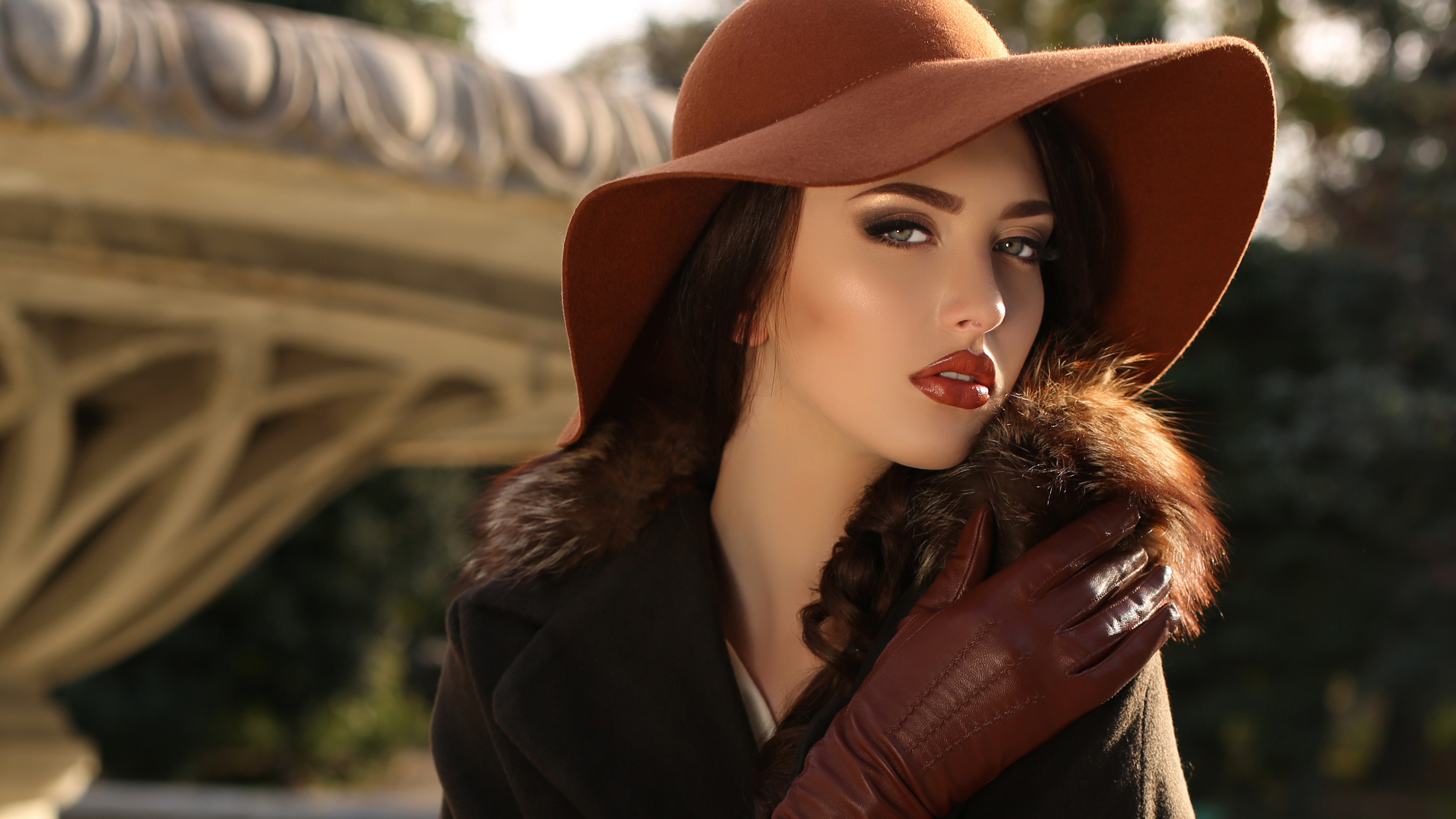 Girl Model Is Standing In Blur Bokeh Background Wearing Black Dress And Brown Big Hat 4K HD Girls Wallpapers