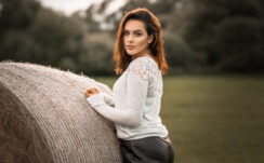 Anna Magdalena Girl Model White Top Grey Pant Pose Photoshoot Nature Blur Background HD Girls Wallpapers