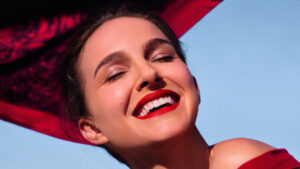 Natalie Portman, Girl, Model, Smiley, Red, Dress, Sky, Blue, Background, Closeup, Photoshoot HD Girls Wallpapers