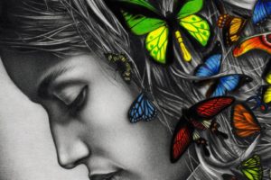 Butterflies in girl hair awesome painting wallpapers