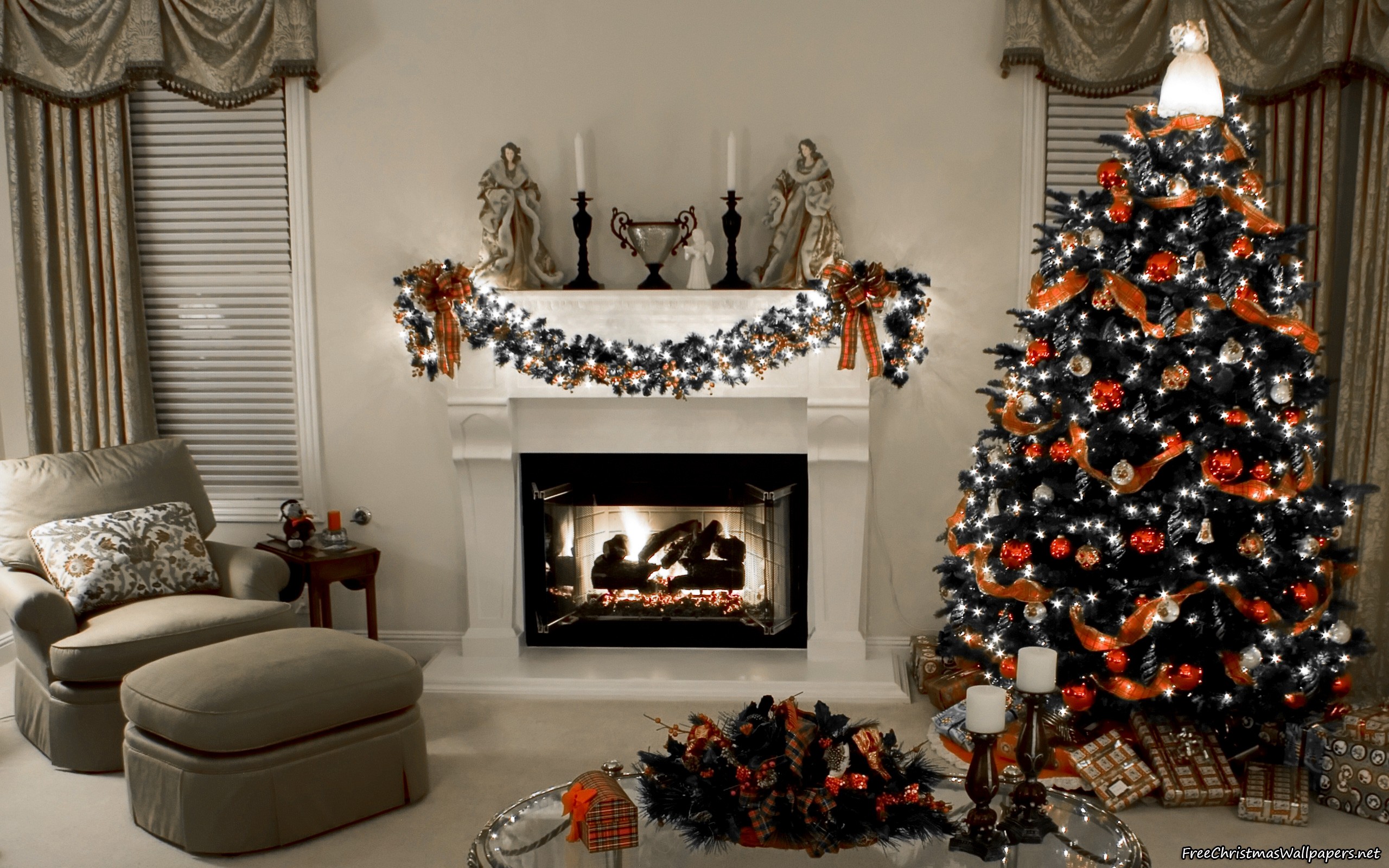 Decorated Christmas Fireplace and Tree HD Wallpapers