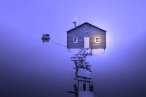 Lake house, Boat, Violet, Foggy, Minimal, 5K Wallpapers