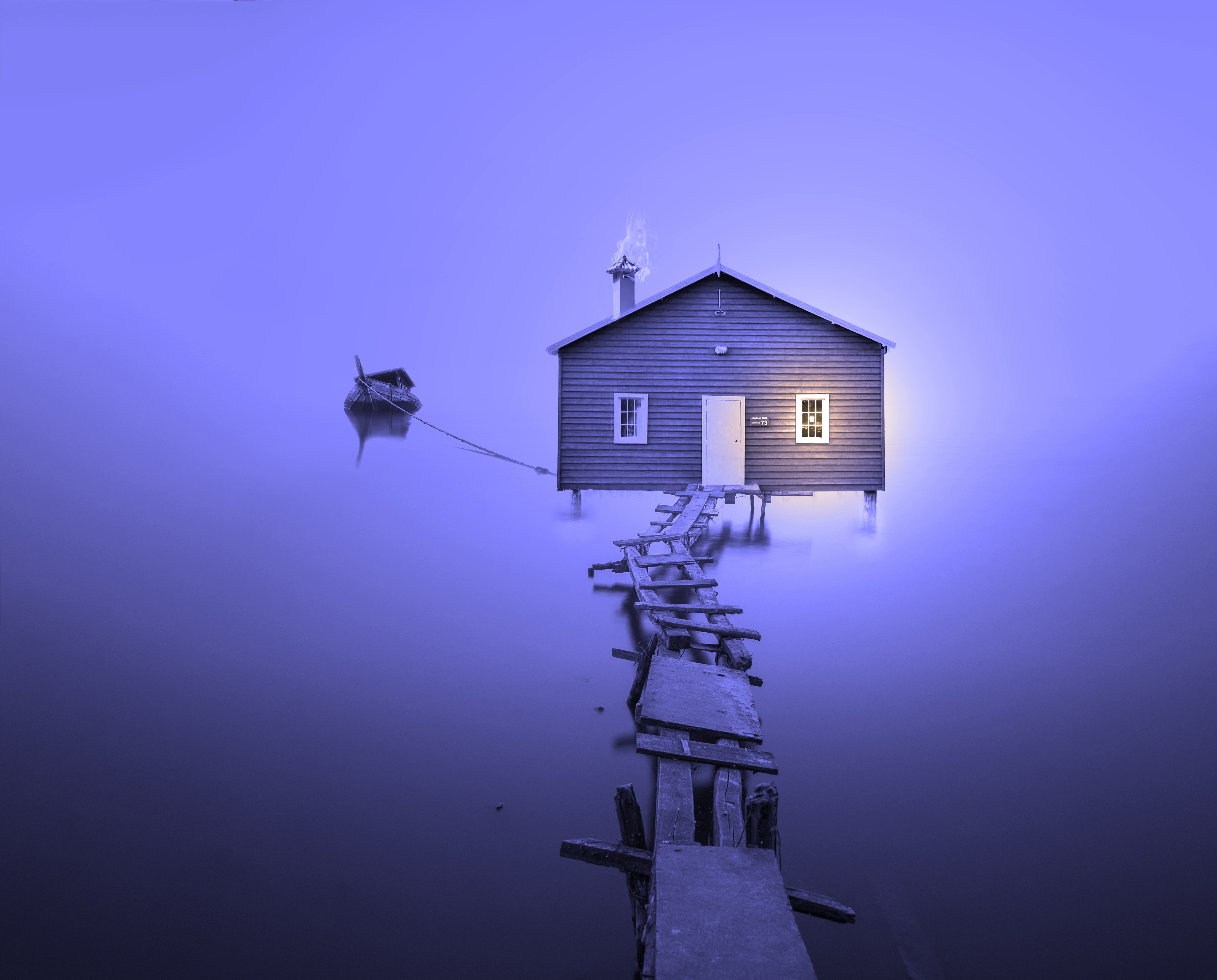 Lake house, Boat, Violet, Foggy, Minimal, 5K
