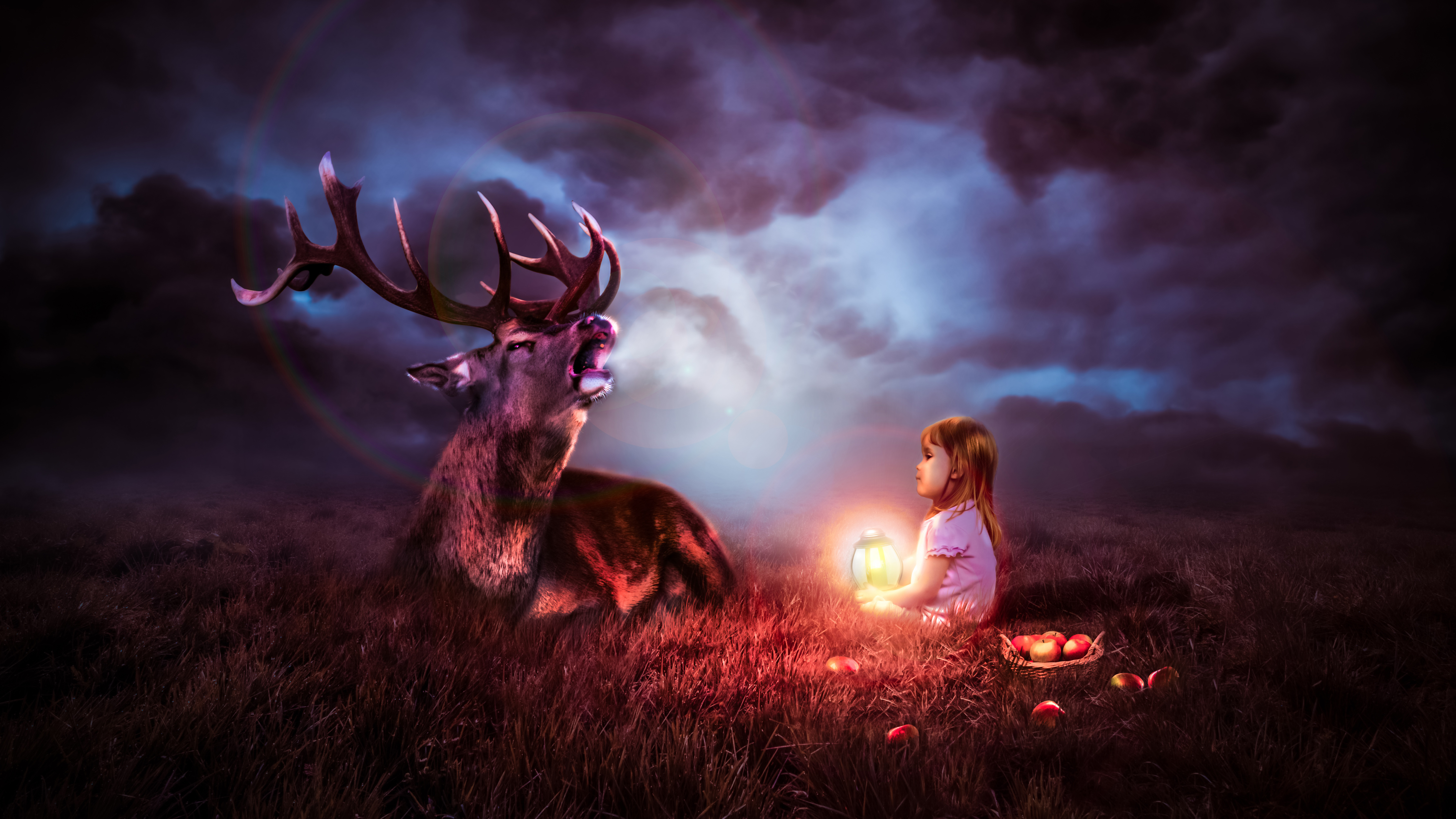 Lantern Child with A Deer In The Night 4K 8K