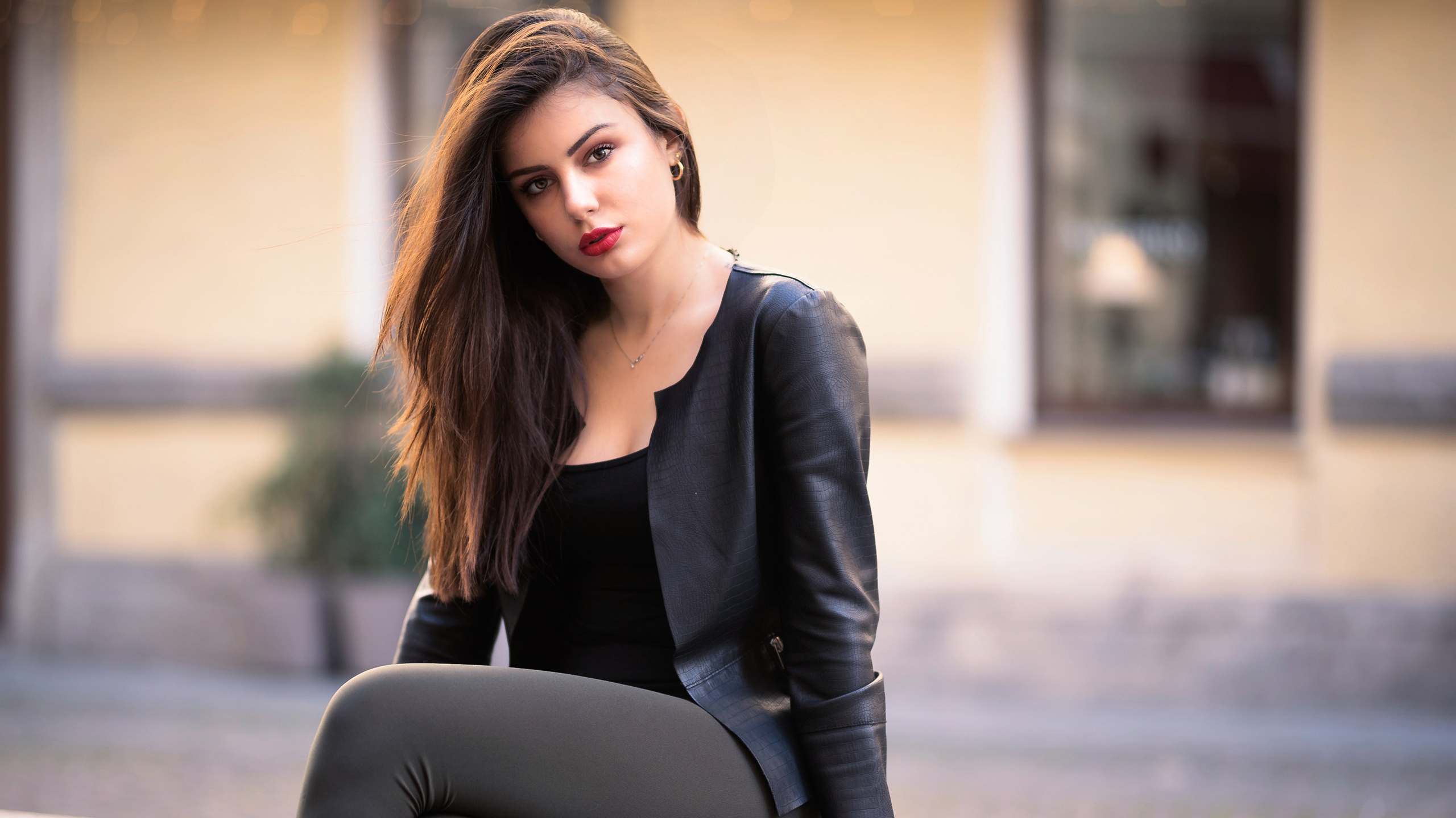 Girl Model With Leather Jacket Lipstick And Long Hair HD Model