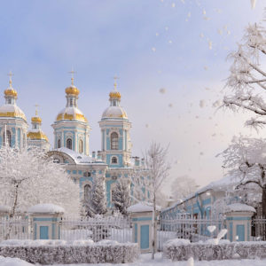 Snow Covered Church With Fence In Russia Saint Petersburg During Winter Travel